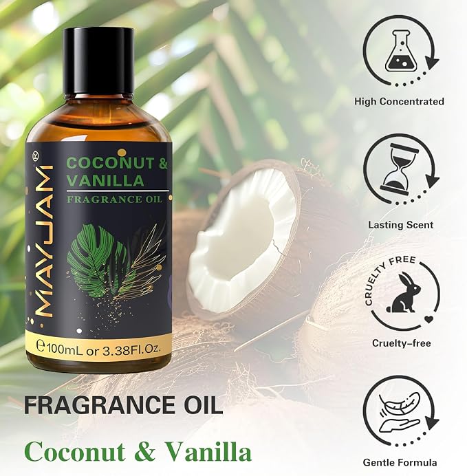 MAYJAM Coconut & Vanilla Fragrance Oils Essential Oil - Coconut & Vanilla Oil for Diffusers, 3.38FL.OZ/100ML Large Volume Fragrance Oil with Premium Glass Dropper