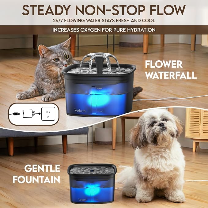 Veken Innovation Award Winner 95oz/2.8L Cat Water Fountain | Automatic Pet Fountain Dog Water Dispenser with Replacement Filters & Silicone Mat for Cats, Dogs (Space Black, Plastic)
