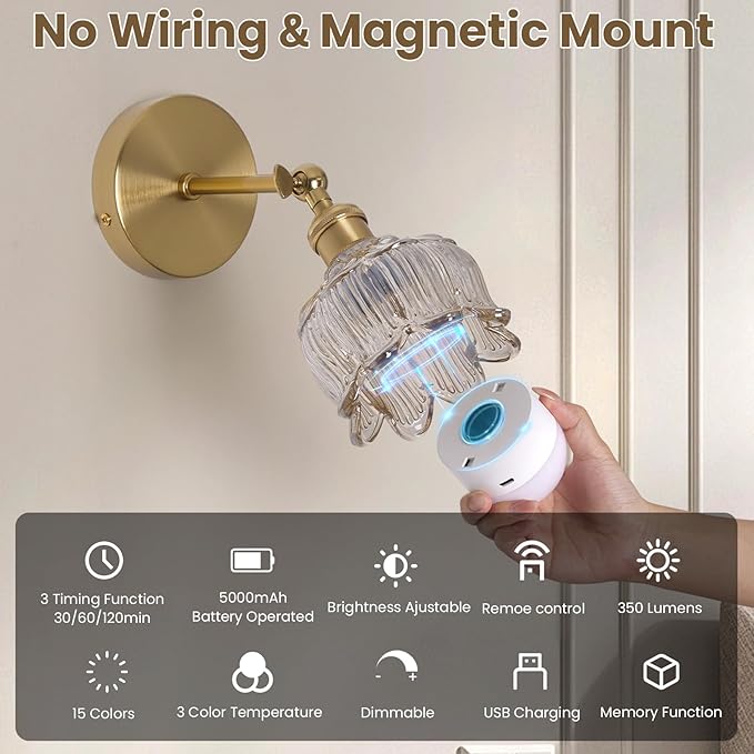 Vintage Battery Operated Wall Sconces: Set of 2 Rechargeable Wireless Decor | 5000mAh Cordless Dimmable Lights Remote Control, Antique Brass Powered Sconce, Cognac Flower Glass Light for Bedroom Bedside