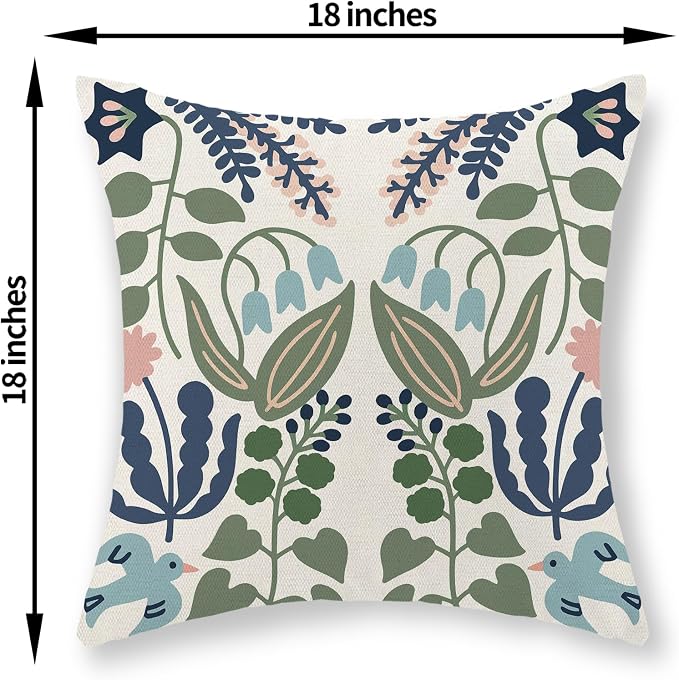 Boho Navy Blue Green Flower Pillow Covers 18x18 Inch Set of 2 Sage Green Floral Throw Pillows Vintage Flower Outdoor Pillowcase Linen Seasonal Decorations Farmhouse Cushion Case for Sofa Home