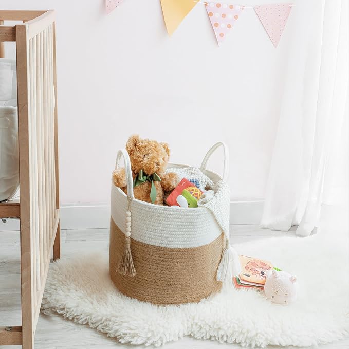 Mkono Woven Storage Basket for Blanket, Toys Plant Organizer, 11"W x 11"L | Cream White and Brown, Decorative Basket with Handle, Wood Beads Tassel, Shoes Towel Storage Bin, Living Room Bedroom Nursery