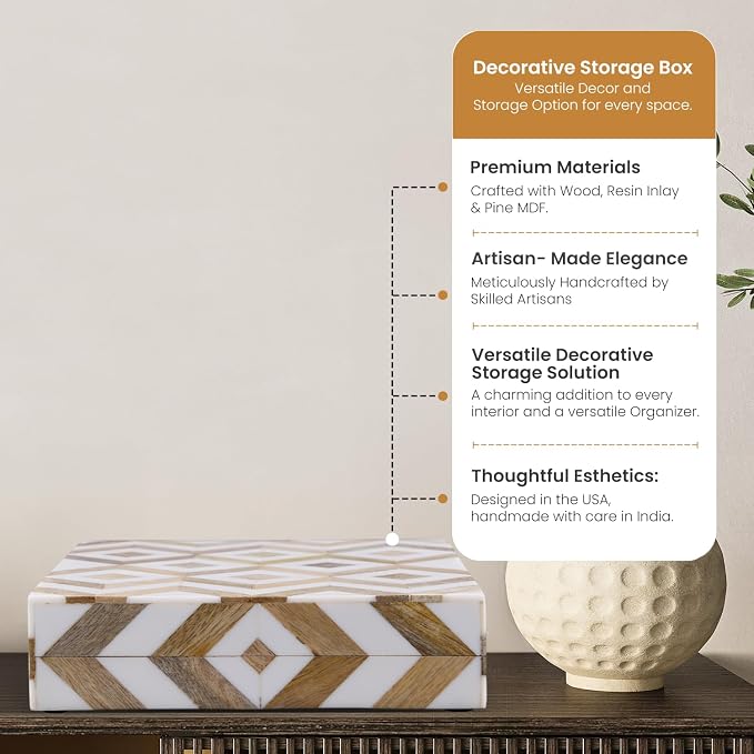Handicrafts Home White Decorative Storage Box with Lid Wood Remote Control Box Coffee Table Storage Box Remote Holder for Living Room Decor – Resin Inlay Marquet Array Collection - 8x5x2