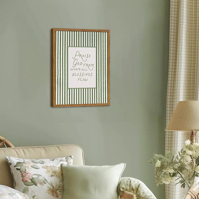 Framed Christian Wall Art, Praise God From Whom All Blessings Flow Scripture Pictures Wall Decor, Sage Green Striped Bible Verse Paintings Canvas Prints Religious Home Decor for Living Room 12x16 inch