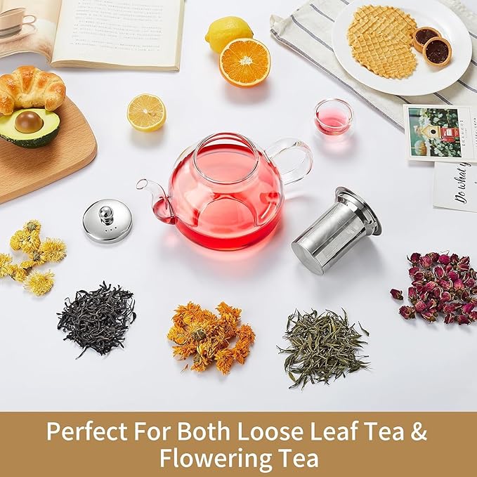 DOPUDO 41OZ (1200ML) Glass Teapot with Infuser Stovetop Safe, Clear Glass Tea Pot Kettle, Borosilicate Tea Pot with Infusers Filter for Loose Tea, Tea Kettle Dishwasher Safe