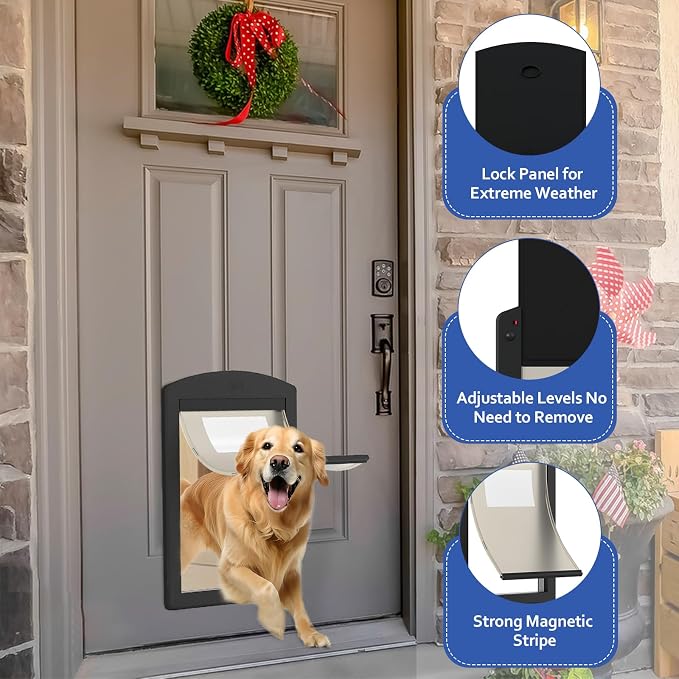 [Classicmacher] Dog Door for Large Dogs, Black Frame Door for L arge Dogs, Strong Plastic Doggy Door and L arge Pets with Sliding Lock Panel and Magnetic Soft Flap (Large,Black)