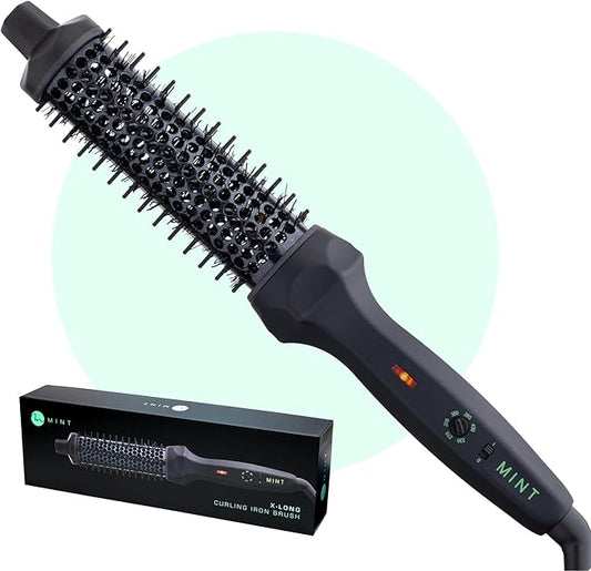 MINT Extra-Long 1 1/3 Inch Thermal Brush for Effortless Curls, Volume & Waves | 230-430°F 2-Heater Ceramic Curling Iron Brush Creates Long-Lasting Styles | Heated Round Styler