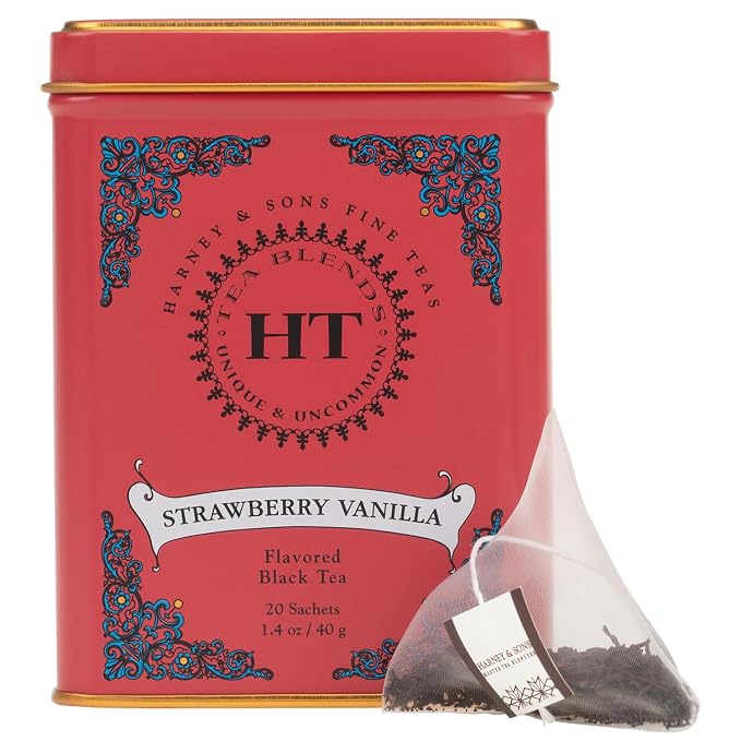 Harney & Sons Strawberry Tea Bags – Strawberry Vanilla Black Tea, Premium Pyramid Sachets, Hot or Iced Fruity Tea, 20 Count