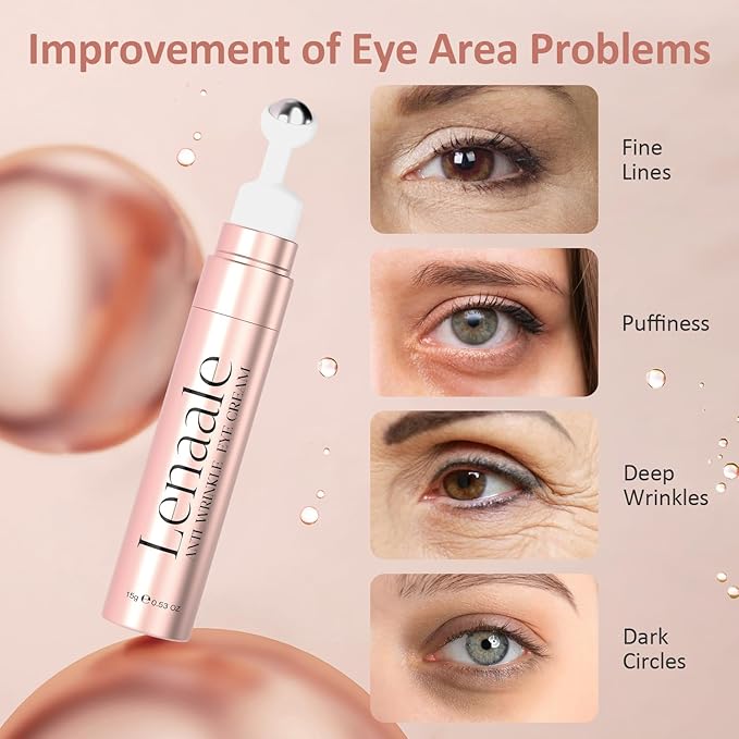 Eye Cream Anti Aging Under Eyes Cream Dark Circles with Super Vitamin A, Peptides & Hyaluronic Acid, Eye Serum With 360° Roller Massage Ball for Puffiness and Bags 0.5 oz