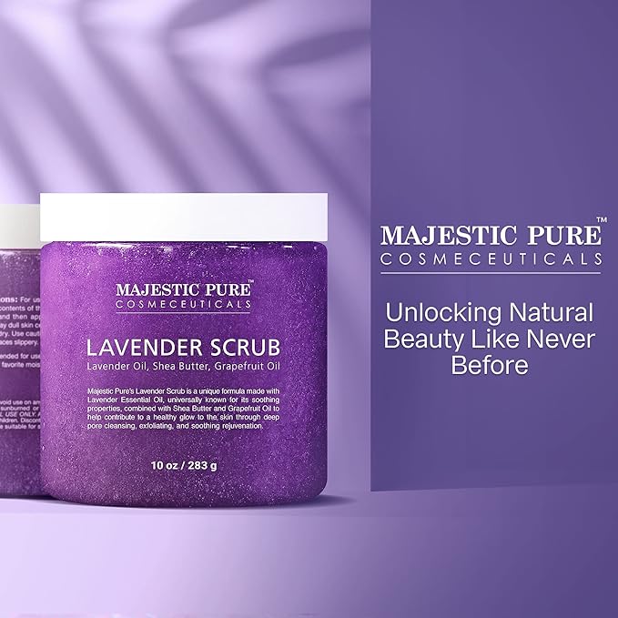 Lavender Oil Body Scrub Exfoliator with Shea Butter and Grapefruit Oil by Majestic Pure - Exfoliate & Moisturize Skin, Fights Acne - 10 oz