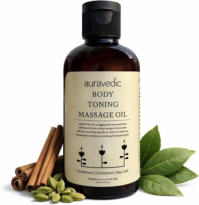 Auravedic Firming Toning Body Massage Oil | Helps Smooth Stretch Marks & Sagging Skin | Ayurvedic Blend with Cinnamon, Cardamom & Bay Leaf | for Thighs, Legs & Belly | 6.76 Fl Oz (200ml)