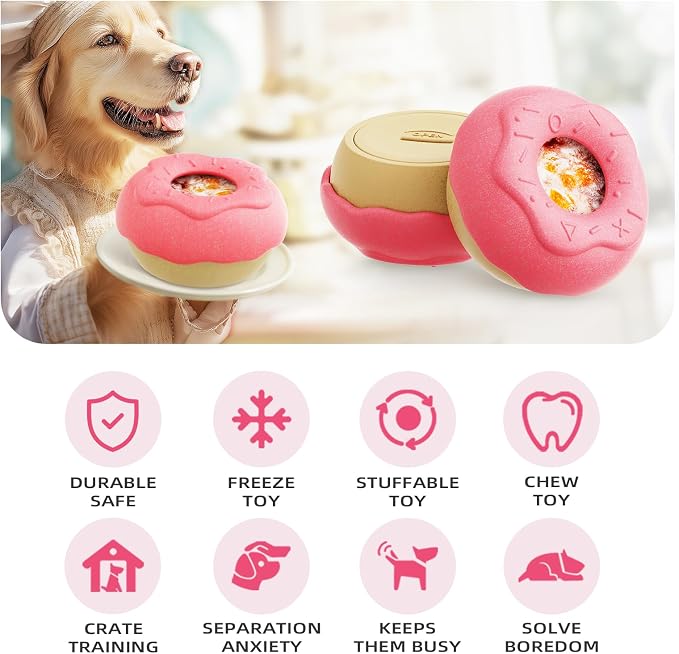 Dog Chew Toy for Aggressive Chewers, Freezable Lick Treat Dispenser, Stuffable Lick Toy, Interactive Enrichment, Long Lasting Puzzle Boredom Buster for Medium & Large Dogs - Pink Donut