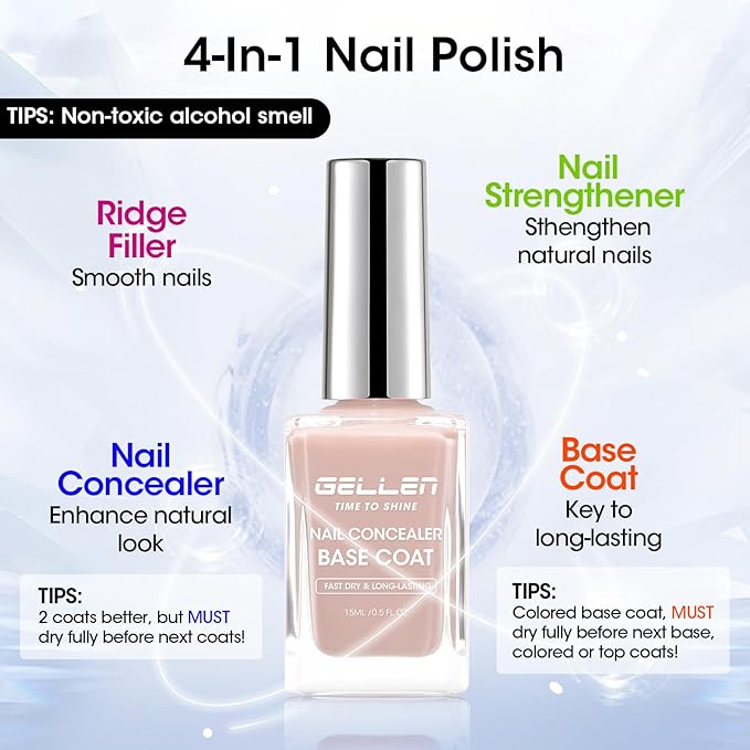 GELLEN 4-In-1 Illuminating Nail Concealer Base Coat Nail Polish Sheer Nude Neutral Earth Tones, Quick Dry Ridge Filler Strengthener | Smooth Strengthen Yellow Discolored Nails | Toxin TPO HEMA Free