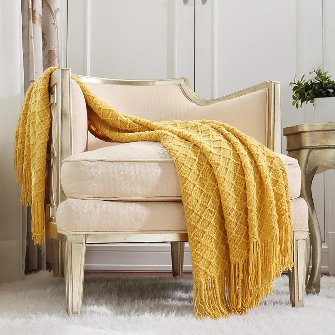 CREVENT Knitted Decorative Throw Blanket for Couch Sofa Chair Bed，Soft Warm Cozy Light Weight for Spring Summer (50''X60'' Mustard Yellow)