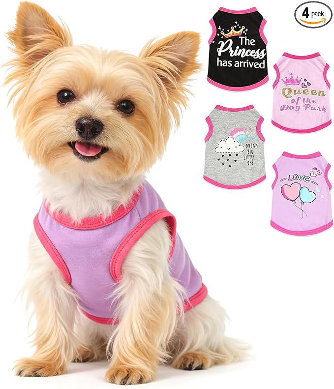 4 Pack Dog Shirt for Small Dogs Spring Summer Printed Puppy Clothes Cute Pet T Shirts Dog Clothes for Small Dogs Cats Girl (Grey+Pink+Purple,Black, Small)