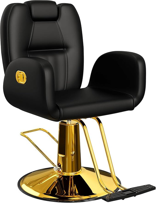 Baasha Ergonomic Black & Gold Salon Chair - 135° Reclining All Purpose Hydraulic Hair Chair for Hair Styling, Braiding, Makeup, Washing & Men's Shaving - 440 lbs Cap.