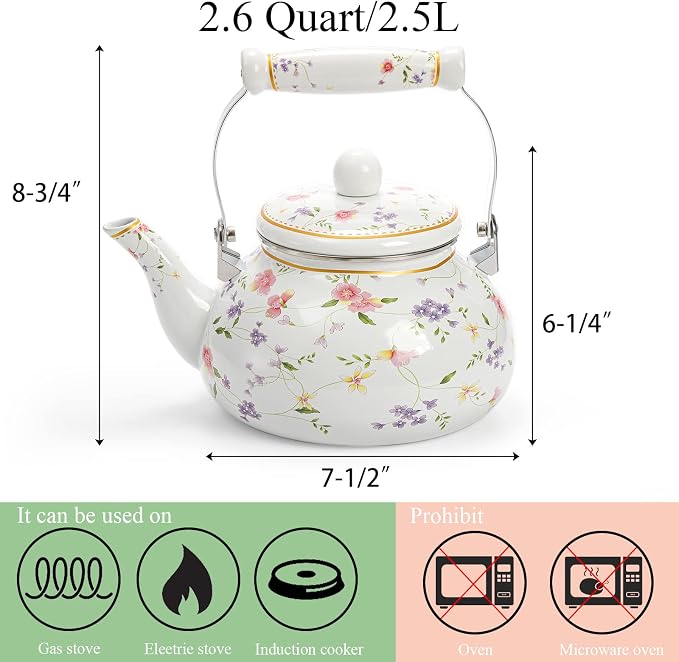 Jucoan Vintage Enamel Tea Kettle, 2.6 Quart Floral Enamel Water Kettle Teapot with Porcelain Handle for Stovetop Home Kitchen Camping, Housewarming Wedding Bridal Shower Mother's Day