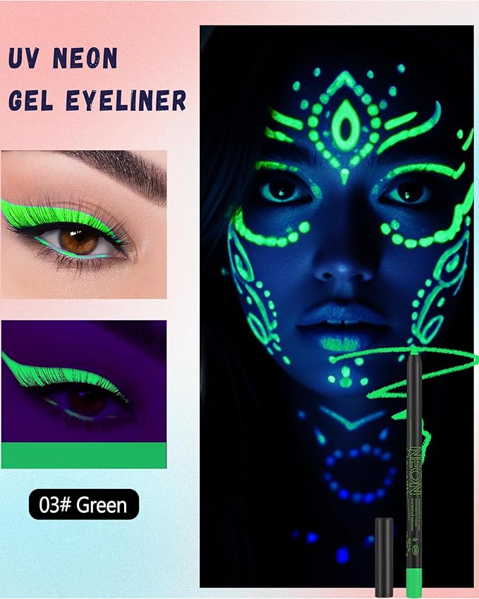 UV Neon Colored Gel Eyeliner Pencil, Matte Rainbow Colorful Eyeliner Pencil Glow in the Dark Makeup, Waterproof Long Lasting Gel Eye Liner Pen with Sharpener for Halloween Face Body Painting-B03 Green
