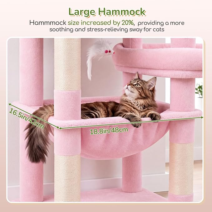 Globlazer Extra Large Platform Cat Tree, 65in Sturdy Cat Scratching Tree for Indoor Cats Large Adult, Big Cat Perch Tower with 3 Padded Perches, 6 Scratching Posts, Cat Condo, Hammock, S65, Pink