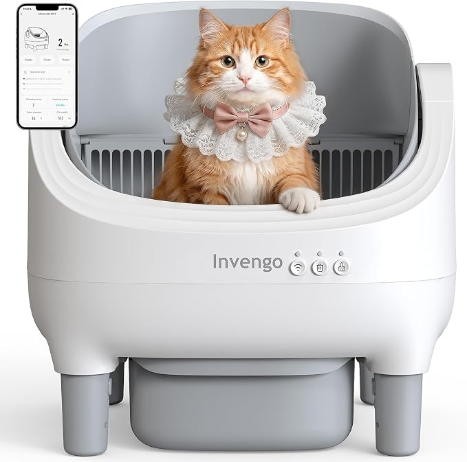 Invengo Self Cleaning Litter Box, Open Top Automatic Litter Box with App Control for Multiple Cats, Safety Sensors Protection, Odor Control Includes 2 roll Liners,Large Waste Bin, Warm Grey