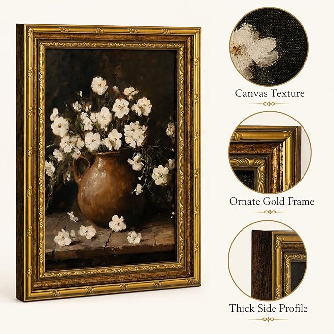 Vintage White Flower Canvas Wall Art,Gold Framed Floral Wall Decor24x16in | Antique White Flower Picture Artwork For Cottagecore Living Room, Bedroom and Entryway and Gallery Wall