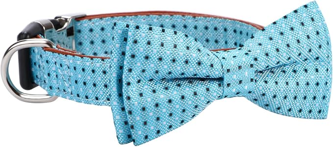 Bow Tie Dog Collar Checkered Pattern Sky Blue with Bowtie for Boy Girl Dogs Small