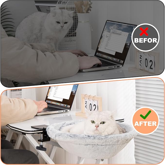 Uross Cat Desk Bed - 180° Rotating Soft & Comfortable Rabbit Fur Bed, Modern Indoor Cat Nest Furniture for Office Desks and Game Tables, Island Table-Supports 50 lbs-(Lightgrey)