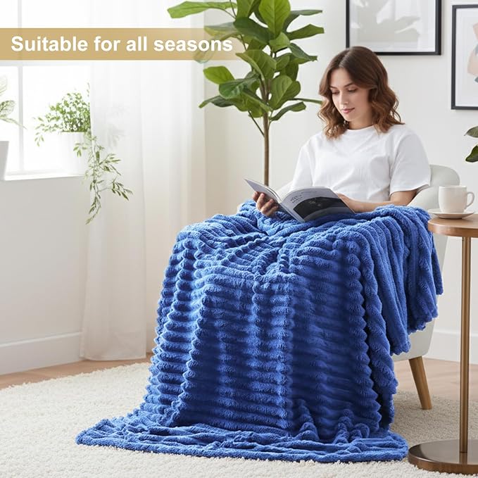 decorUhome Navy Blue Fleece Throw Blanket 50x60 Inches | Soft Couch Cozy Fluffy Plush Flannel Striped Blanket for Sofa Bed, Lightweight Decorative Ribbed Fuzzy Blanket for Woman