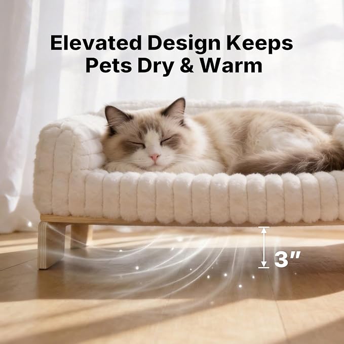Veehoo Elevated Cat Bed Indoor, Wood Furniture Style Cat Couch Sofa | Indoor cats couch bed, removable washable cover, easy assembly, cozy fluffy cushion