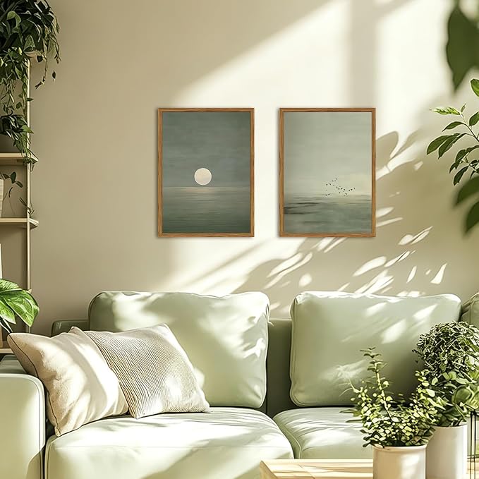 Framed Sage Green Japanese Canvas Wall Art Set of 2, Minimalist Moon and Birds Pictures Wall Decor, Neutral Landscape Artwork Paintings Prints Zen Home Decor for Living Room Bedroom Office 12x16 inch