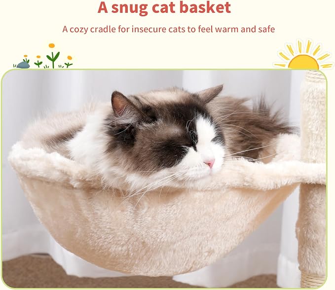 Hey-brother Cat Tree Tower with Removable Toys, Scratching Posts, MPJ008SM | 41.3 Inches Plush Cozy Condo with Platform, Hammock, Sisal Scratch Board and Ball for Indoor Cats, Beige