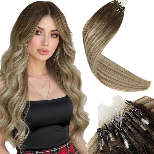 LaaVoo Microlink Hair Extensions Human Hair Ombre Balayage Micro Beads Extensions Dark Brown Mix Ash Brown Micro Ring Hair Extension Human Hair 22 Inch 50g/50s