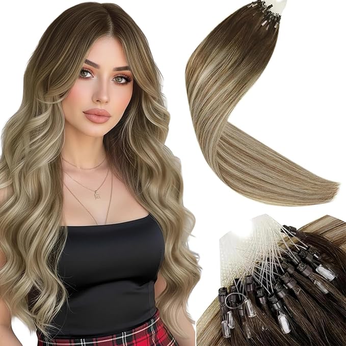 LaaVoo Microlink Hair Extensions Human Hair Balayage Micro Loop Hair Extension Human Hair Brown Fading to Ash Brown Highlight Micro Beads Extensions 14in 50g 50s