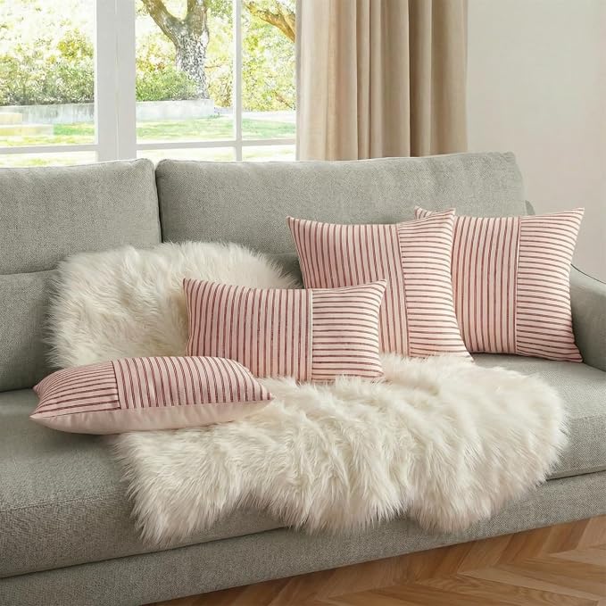 YCOLL Christmas Pillow Covers 22x22, Modern Accent Lumbar Throw Pillow Covers Set of 2, Red and Beige Striped Patchwork Linen Decorative Pillows Cushion Covers Christmas Decorations