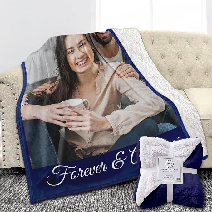 Ships Next Day, Custom Sherpa Fleece Blanket with Photos Text Soft Warm Custom Blanket Personalized Couples Gifts for Boyfriend Girlfriend Customized Picture Blanket Gifts for Christmas Valentines Day