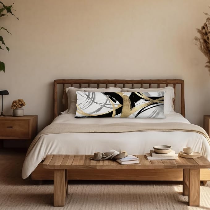 Abstract Black and Gold Striped 20x54 Body Pillow Cover, Modern Home Decor, Boho Room Decor, Black White and Gold Abstract Ink Line Long Body Pillow Pillowcase for Couch Bed