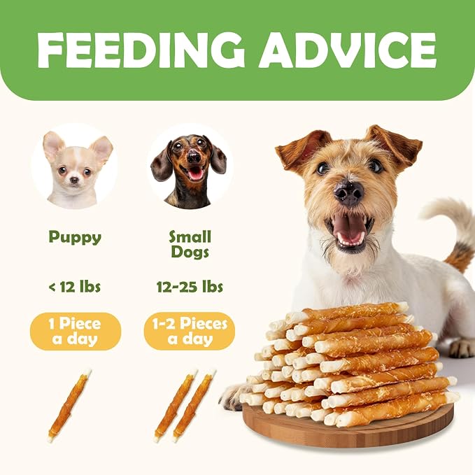 MON2SUN Dog Treats, 5 Inch Chicken Wrapped Rawhide Sticks, 14.11 oz | Long-lasting Chew Engagement, Dental-friendly Chewing Support, Sized for Puppies and Small Dogs