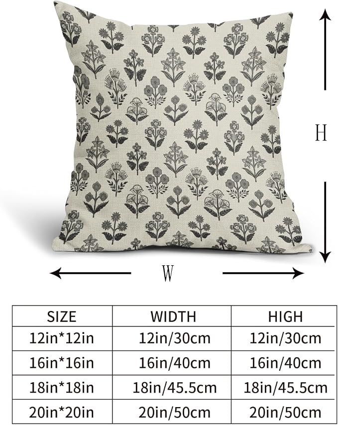 Black Grey Gray Block Print Pillow Covers 20x20 Inch Set of 2, Vintage Floral Decorative Throw Pillow Cases Boho Cushion Covers Rustic Decoration Gift Farmhouse Sofa Couch Bed Decor