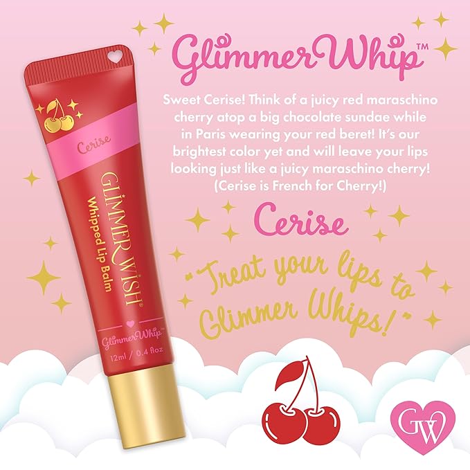 Glimmer Wish Glimmer Whip Hydrating Lip Balm – Moisturizing Lip Care with Organic Oils & Butters – Vegan Lip Moisturizer (Cerise)
