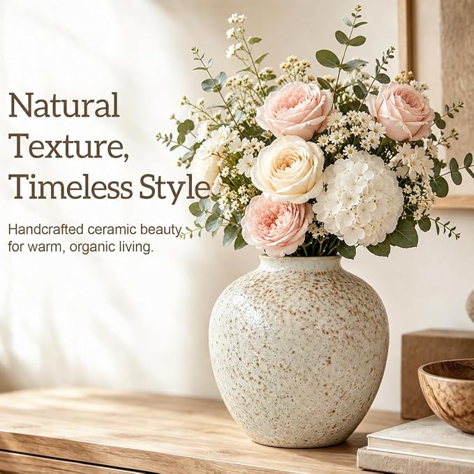 Cream Ceramic Flower Vase Speckled Bubble Glaze Home Decor | 6.29 Inch Rustic Table Vase,Decorative Ornament for Living Room,Office,Wedding,Birthday