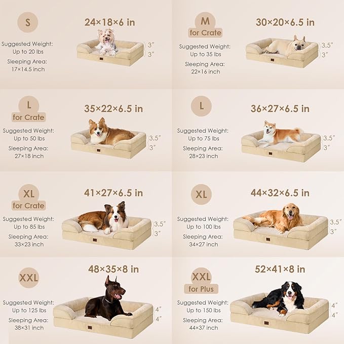 EHEYCIGA Orthopedic Dog Beds Large Sized Dog, Waterproof Washable Pet Bed | Non-Slip Bottom and Egg-Crate Memory Foam Dog Couch Bed with Washable Removable Cover, Greige