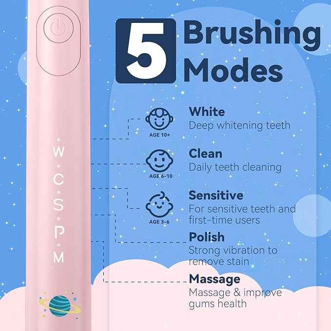 SEAGO Kids Electric Toothbrush, Sonic Soft Bristle Rechargeable Toothbrushes with DIY Stickers, 5 Modes, Includes 4 Replacement Brush Heads, Ages 3 to 12 Years Old (Pink)