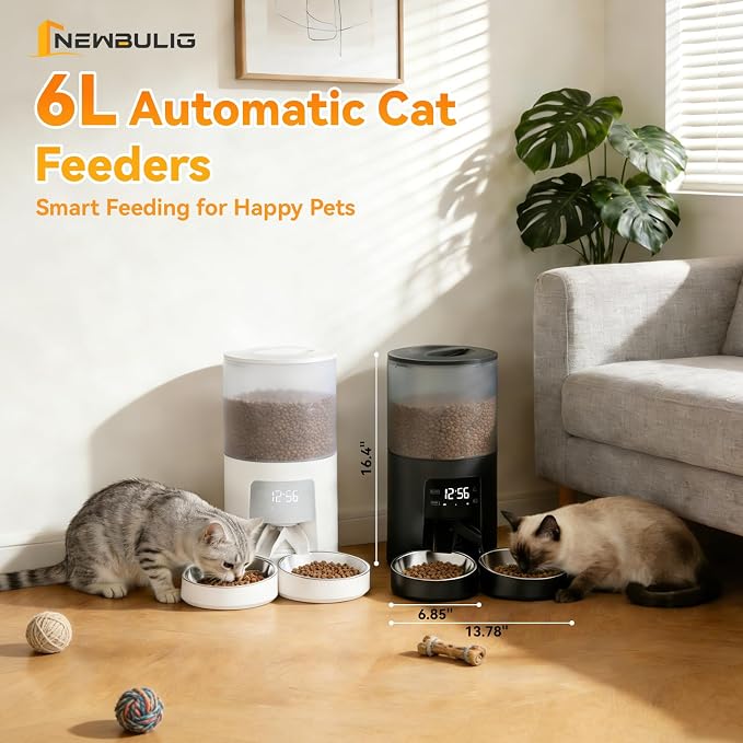 NEWBULIG Automatic Cat Feeder for 2 Cats, 6L Timed Pet Feeders, White | Dual Bowls, 25.3 Cups, 10s Voice Recorder, Dog Food Dispenser for Dry Food, 6 Meals/Day, 50 Portions/Meal, Dual Power Supply