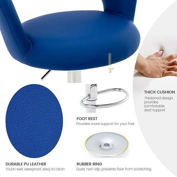 Brage Living Wide Bar Stool, Modern PU Leather Swivel Adjustable Barstool with Hollow Back and Arms, Upholstered Airlift Counter Height Bar Chair for Kitchen Dining (Blue, Chrome Base)