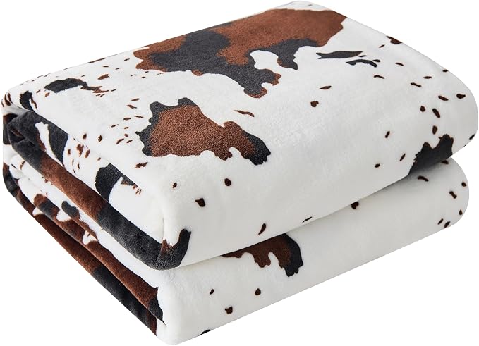 Bnuitland Cow Printed Fleece Flannel Throw Blanket, 300 GSM Double Sided Fuzzy Fluffy Blanket for Bed Sofa Couch Travel, Super Soft Lightweight for Adults and Kids, 90×108 inch