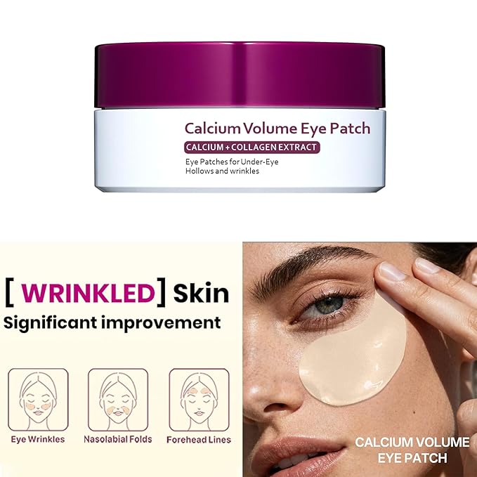 Calcium Volume Eye Patches, 30 Pairs Korean Hydrogel Under Eye Masks, Dark Circle and Puffy Eyes Treatment, Hydrating Anti-Wrinkle Skincare