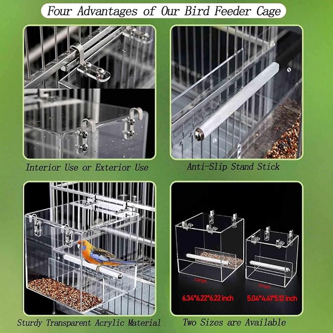 No Mess Bird Feeder for Cage, Automatic Acrylic No Mess Bird Feeder Cage | Suitable for Parrots Canary Parakeet Budgerigar Crested Myna Cockatiel Lovebird (Large)