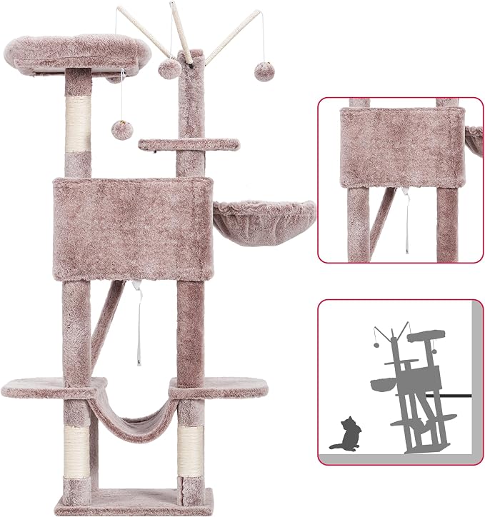 Hey-brother Cat Tree Tower with Padded Platform Bed, Hammock, MPJ019-SMU | 53 Inches Cat House with Large Cozy Condo, Toy Balls and Sisal Scratching Posts for Indoor Multi-Cats, Muchroom