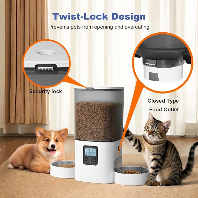 Automatic Cat Feeder, 6L Cat Food Dispenser with 10s Voice Recorder, Pet Feeder up to 8 Meals per Day, Timed Feeder with Dry Food Sealed Ring (White-D-Basic)