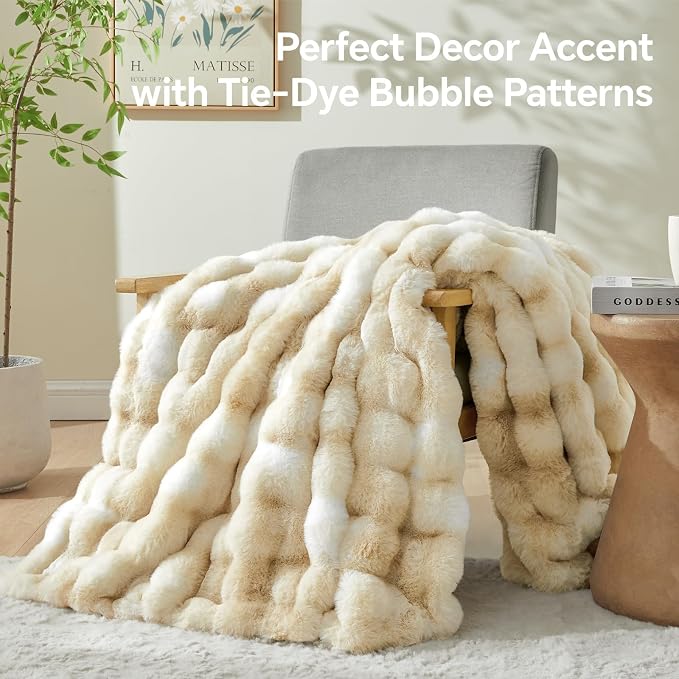BEDELITE Faux Fur Throw Bubble Blanket for Couch, 50" x 60", Tie-Dye Khaki | 870GSM Soft Cozy Plush Blanket for Sofa & Bed Living Room Decor, Warm Fuzzy Faux Rabbit Fur for Women Gift, All Season Use