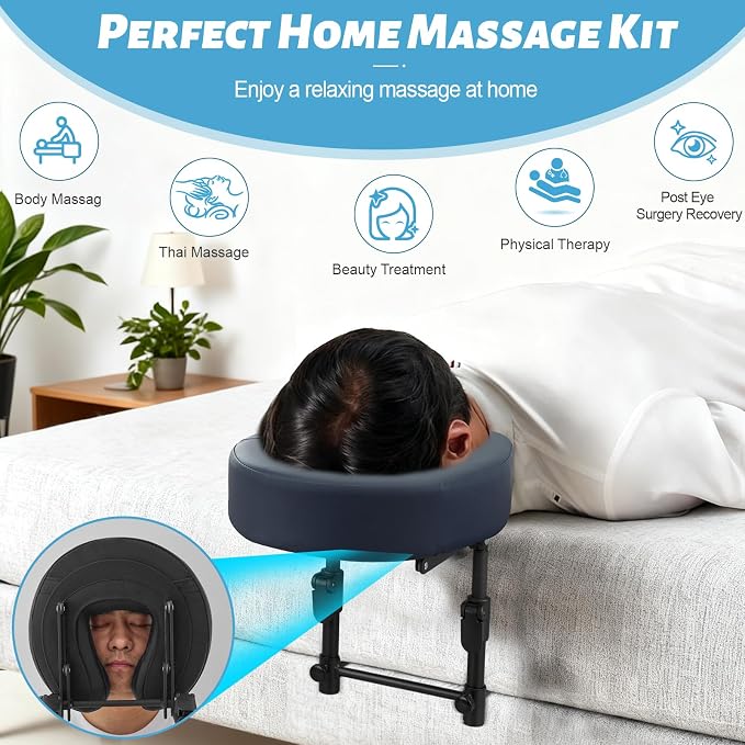 Massage Headrest for Bed, Adjustable Massage Face Cradle at Home, Portable Bed Massage Head Holder, Massage Table Head Rest for Salon Spa, Face Down Pillow After Eye Surgery, Blue